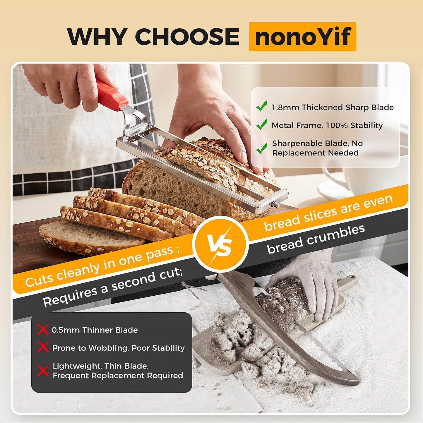 nonoYif Bread Knife for Homemade Bread, Sourdough Bread Knife with Thickness Guide, Upgraded Adjustable Bread Slicer for Sourdough & Baguette, Ideal Gifts for Bakers