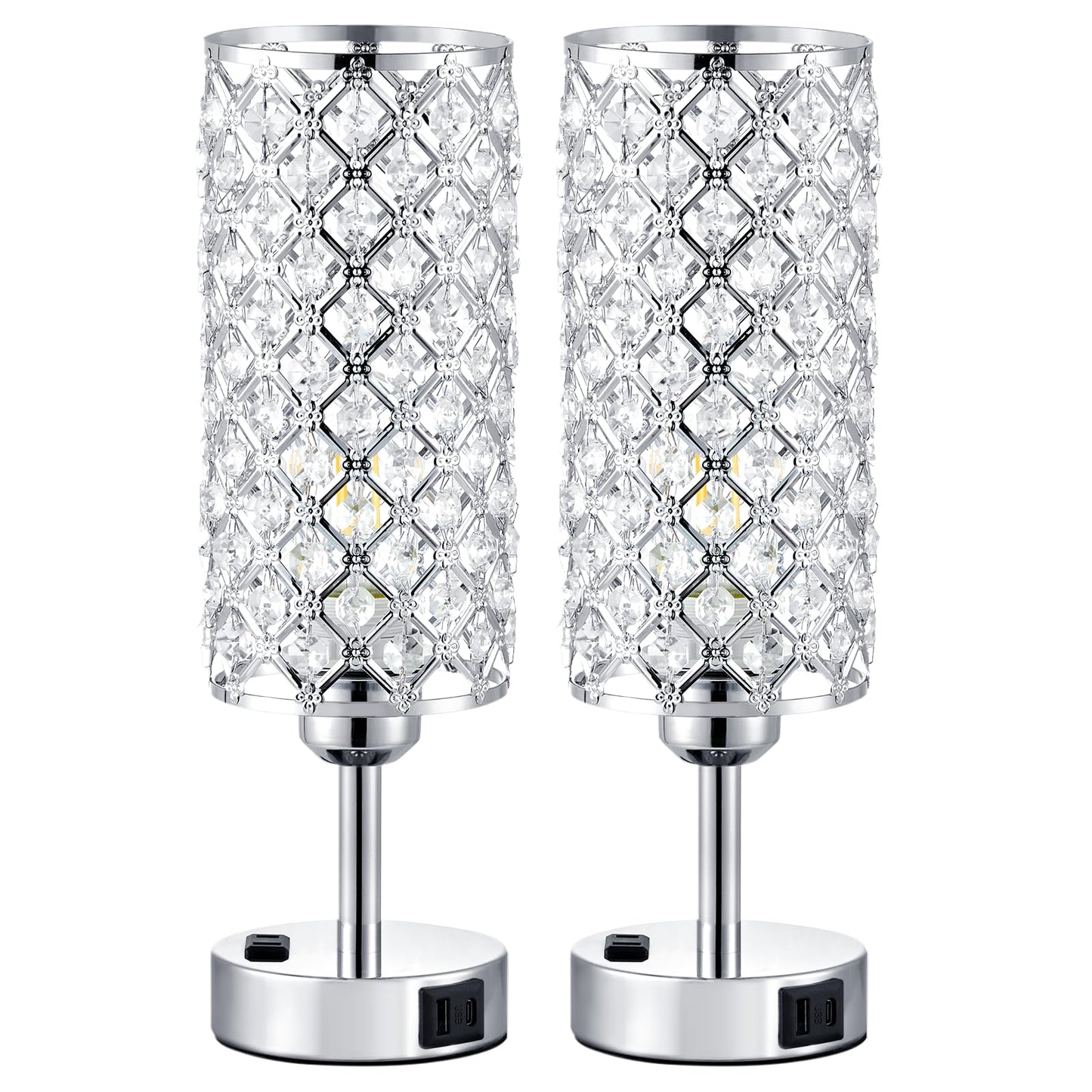 Hong-in Crystal Lamp Touch Control Set of 2, Sliver Crystal Table Lamps with USB C+A Ports & AC Outlet, 3-Way Dimmable Nightstand Touch Lamp, Modern Bedside Table Lamp for Bedroom(Bulbs Included)