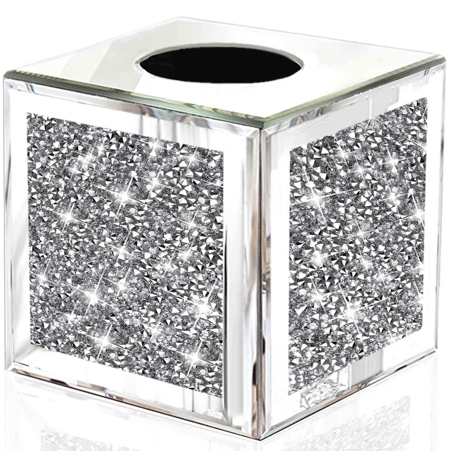 Wocred Square Mirrored Tissue Box Cover,Crystal Crushed Diamond Tissue Box,Silver Luxury Tissue Holders for Either Tissues in a Bathroom or Napkins on a Table.(5.5”x5.5”x5.5”)