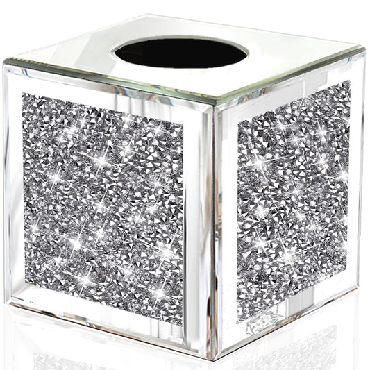 Wocred Square Mirrored Tissue Box Cover,Crystal Crushed Diamond Tissue Box,Silver Luxury Tissue Holders for Either Tissues in a Bathroom or Napkins on a Table.(5.5”x5.5”x5.5”)