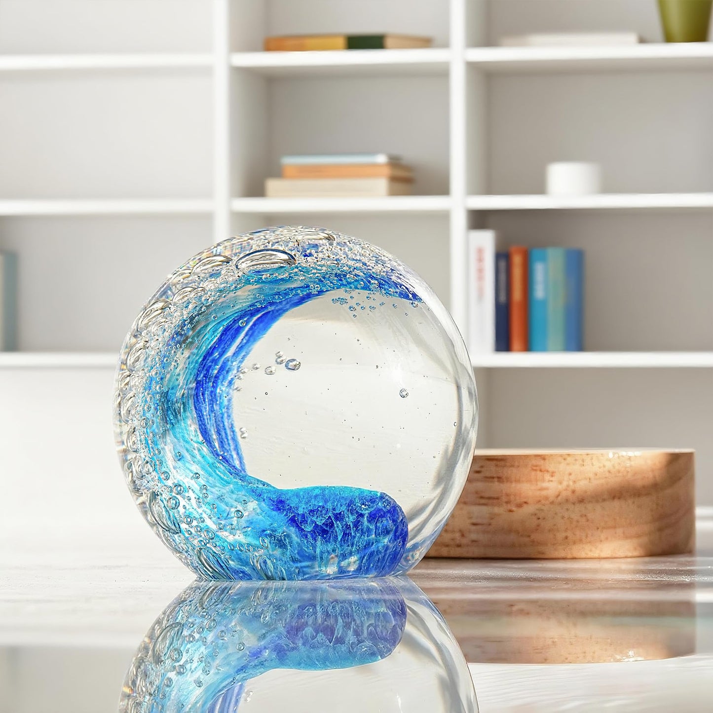 LOULIQIGIFT Hand Blown Glass Ocean Waves Ball 2.36in Crystal Ball with Wooden Light Base Sea Glass Art Beach Decor for Home Office Gifts for Ocean Lovers