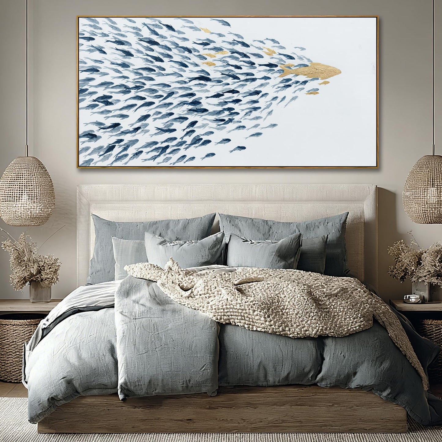Minimalist Framed Wall Art Fish Animal Ocean Blue Gold Modern Canvas Prints 29"x58" Large Pictures Artwork for Living Room Kitchen Wall Art Decor