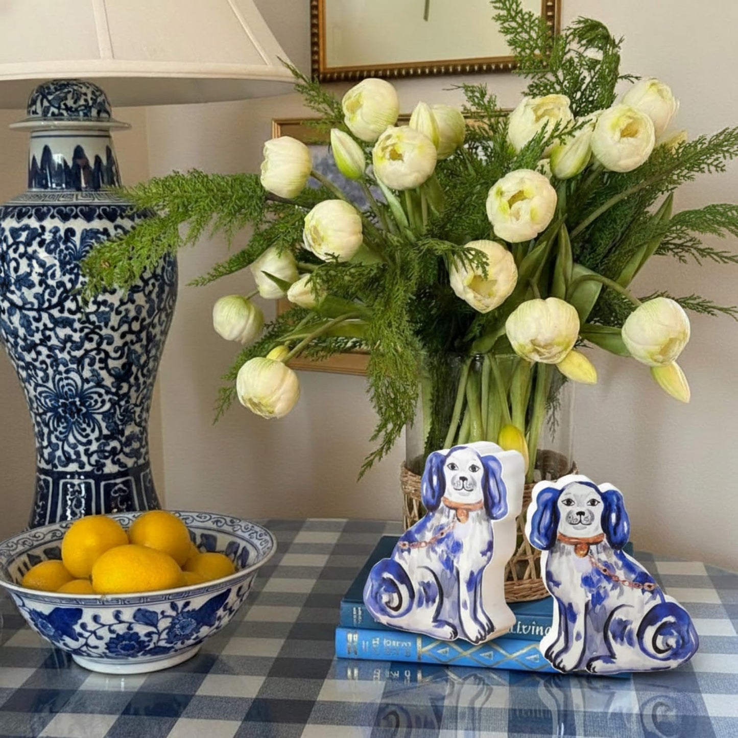 Summer Home Decor Blue and White Chinoiserie Blue and White Chinoiserie Staffordshire Dog Topiary Wooden Sign Small Figurines Rustic Tiered Tray Tabletop Centerpiece for Kitchen Mantel Shelf