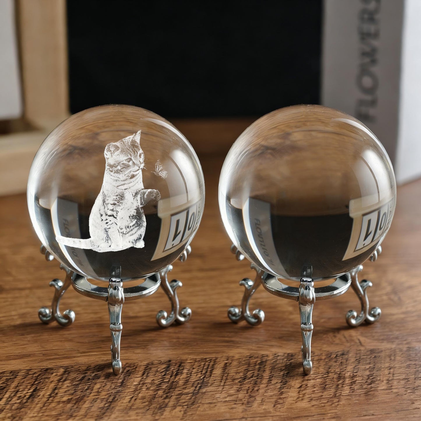 vskikris 2-Piece 3D Laser Cat Crystal Ball Paperweight with Silver Stand