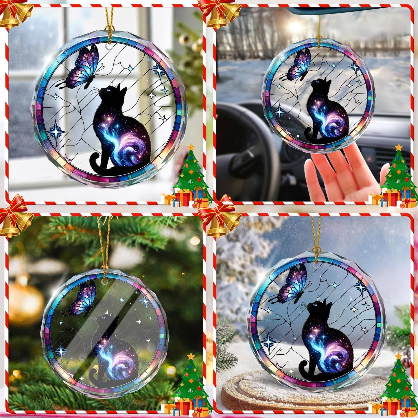 Stained Glass Black Cat Ornament, Cat Christmas Decoration for Tree, Holiday Presents and Xmas Gift