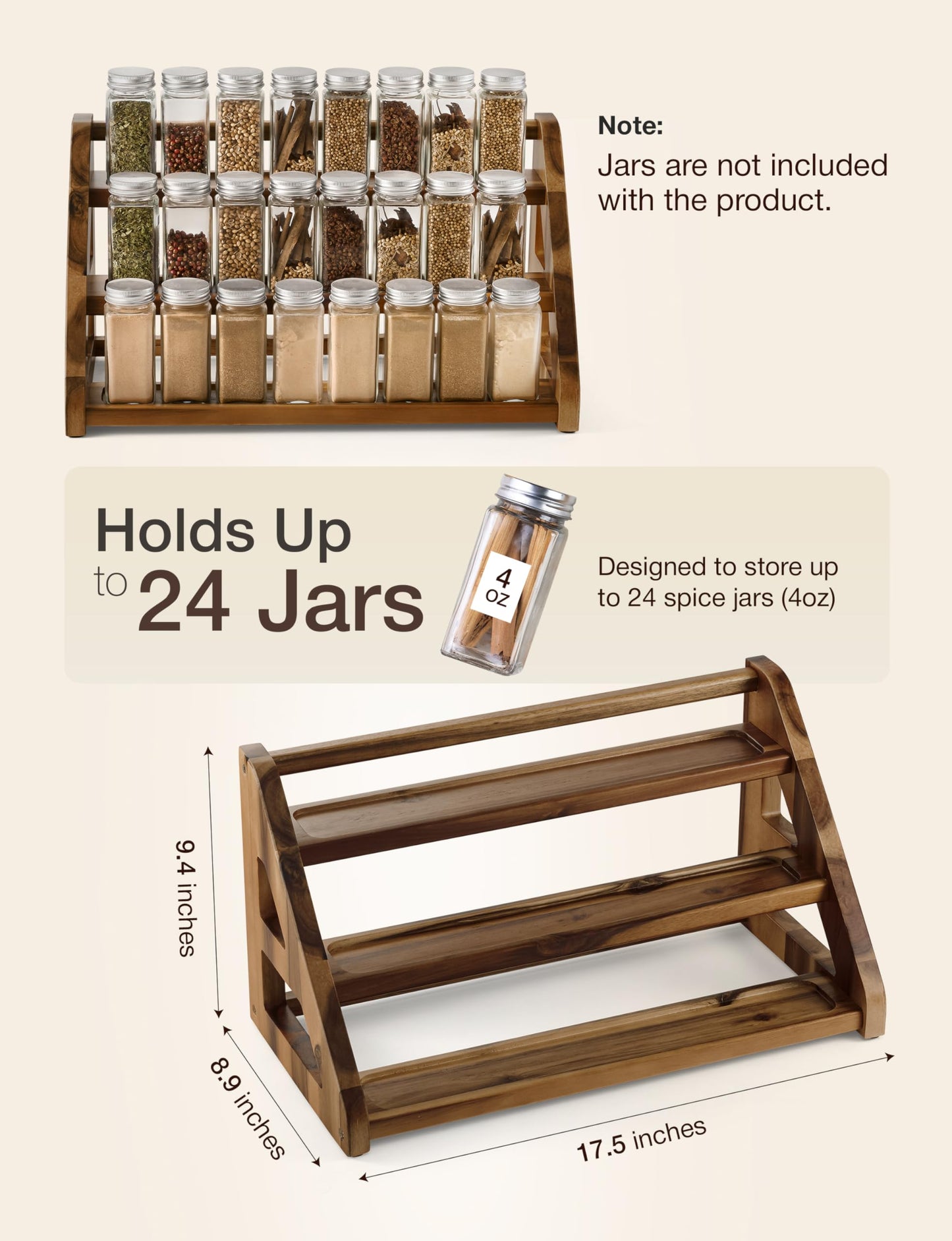 Tinamo Acacia Wood Spice Rack - Wooden 3-Tier Spice Rack Organizer for Countertop or Cabinet – Kitchen Spice Organizer and Seasoning Organizer Shelf (Walnut)