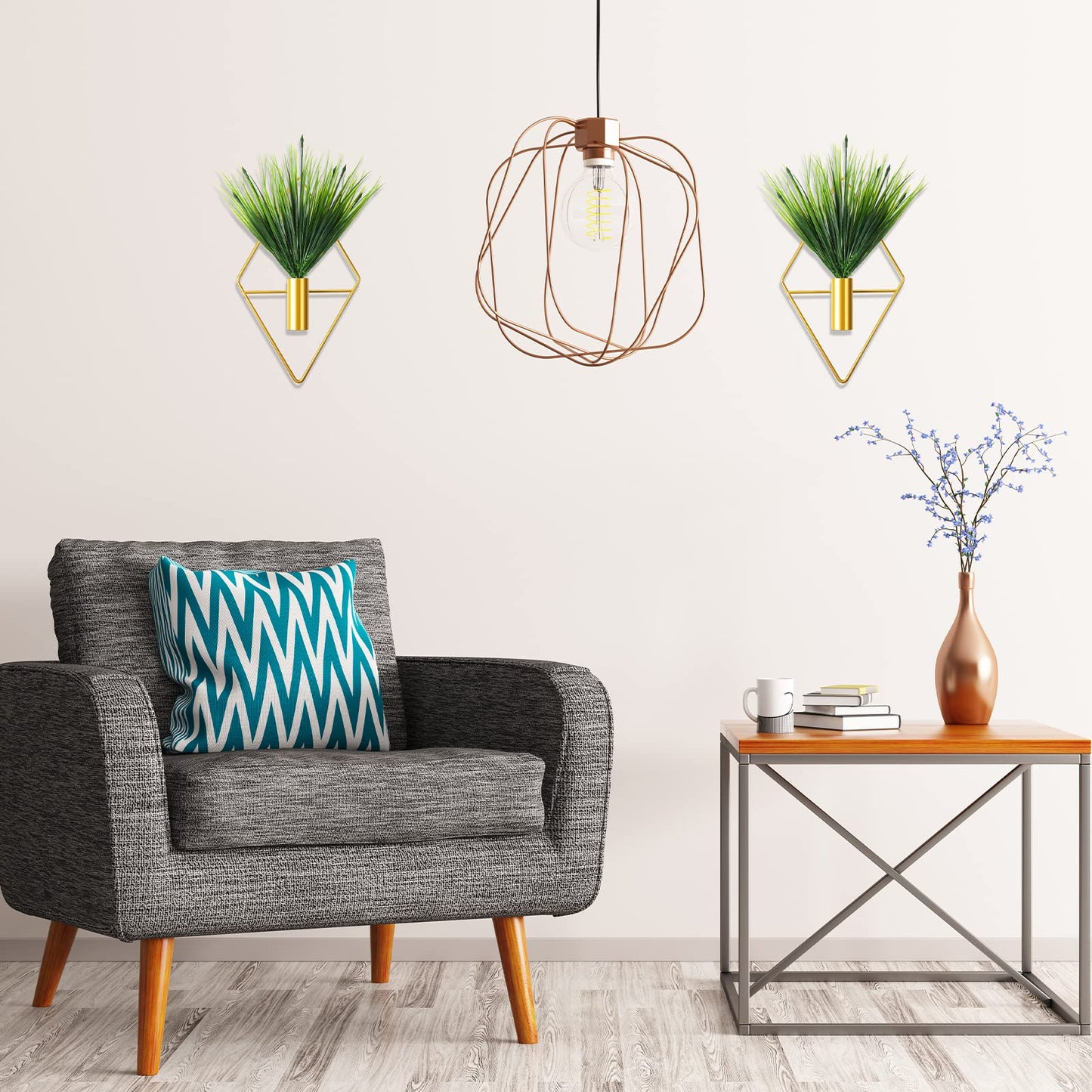 Canlierr 2 Pieces Gold Wall Decor Hanging Planters with Artificial Plants Metal Vase Indoor Plants Holder Modern Geometric Wall Art for Home Bathroom Bedroom Living Room Office(Aquatic Plant,Small)