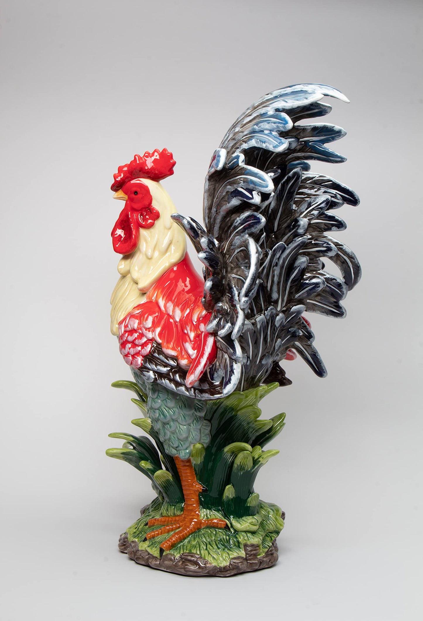Cosmos Gifts Fine Ceramic Large Tuscany Red Cobalt Blue Rooster Figurine, 23-1/2" H