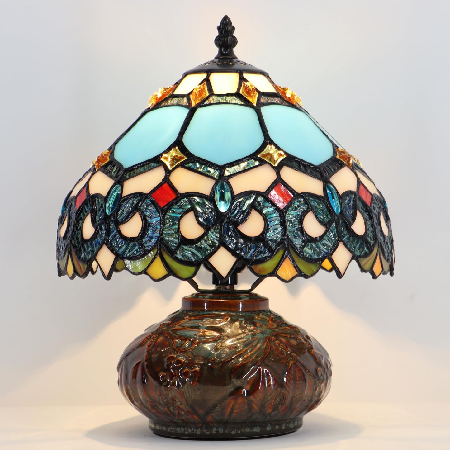 LXHCYOU Small Tiffany Table Lamp, 10X10X11 Inch Mini Stained Glass Mushroom Desk Light Memory Sympathy Ceramic lamp (Sapphire Style)