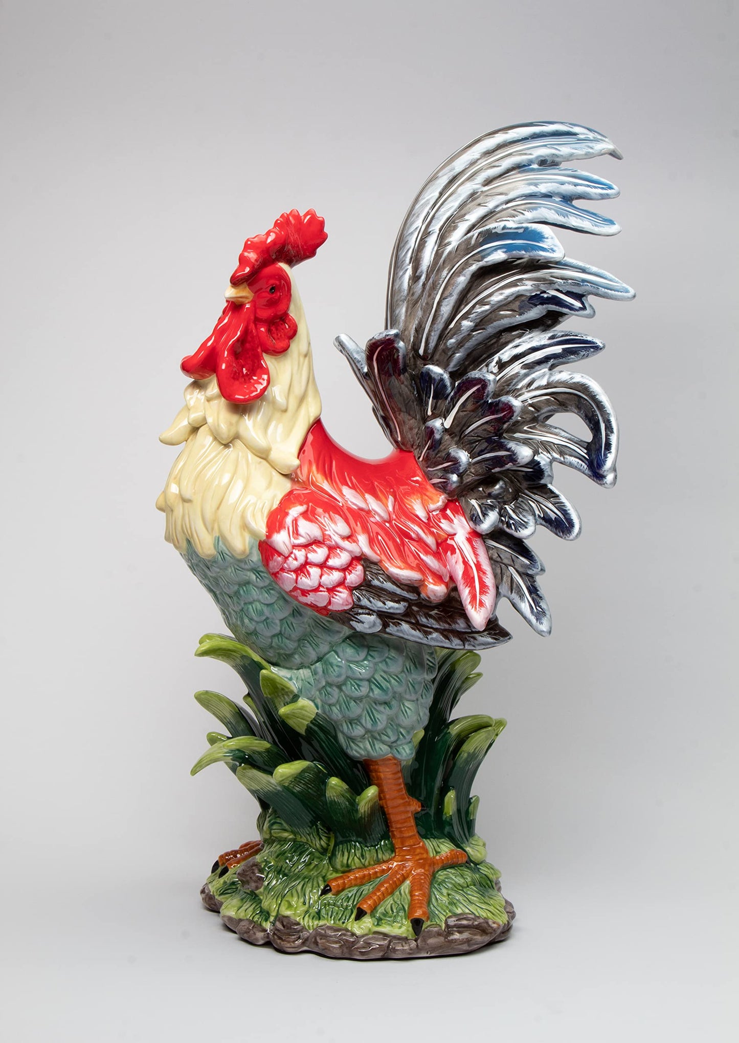 Cosmos Gifts Fine Ceramic Large Tuscany Red Cobalt Blue Rooster Figurine, 23-1/2" H
