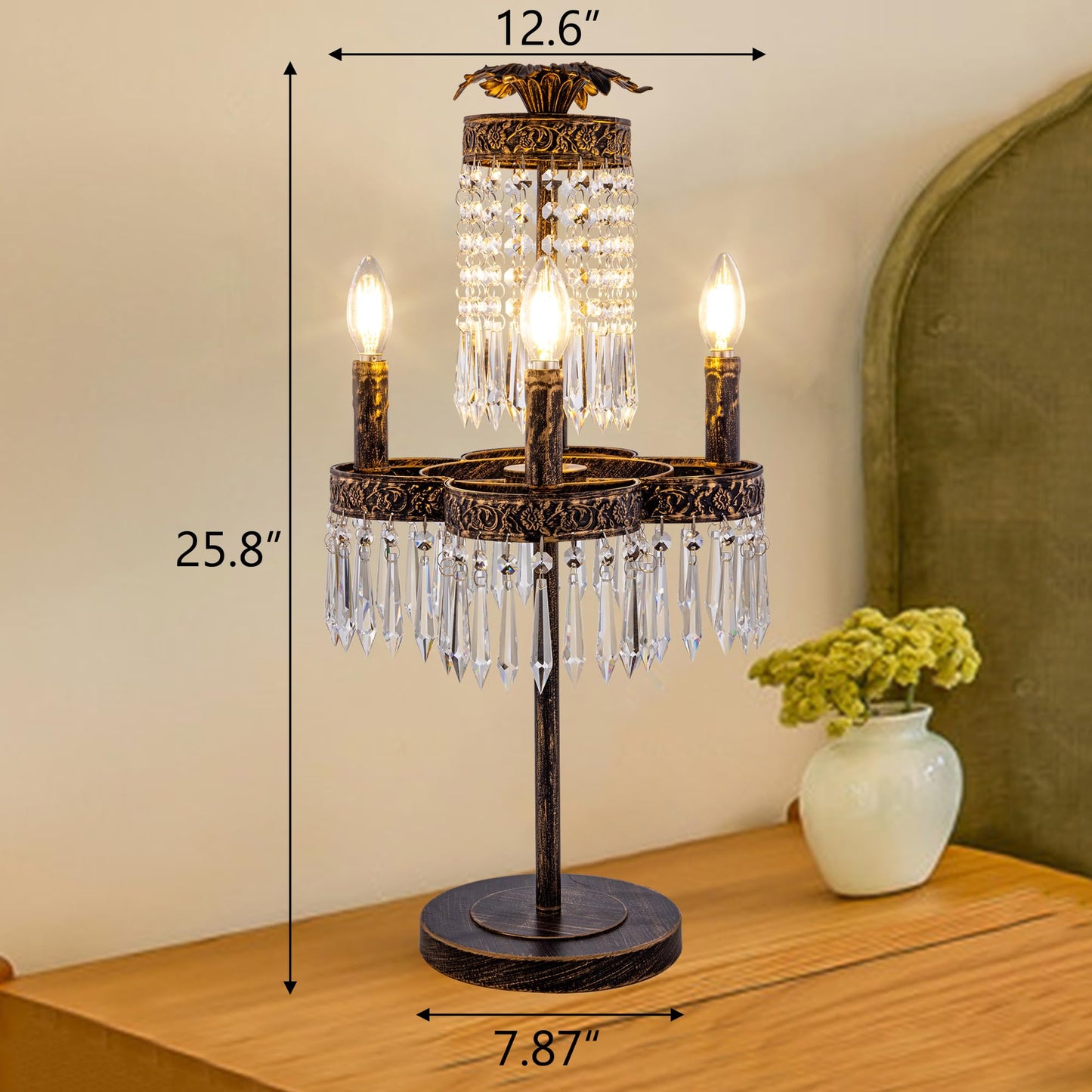 TOCHIC 26" Crystal Table Lamp for Living Room, 4 Lights Bedside Table Lamp Desk Lamps for Bedroom, Antique Bronze Night Stands Lamps for Foyer, Entryway, Staircase, Home Office, Kids Room
