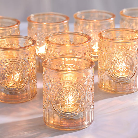 Simeitol 12pcs Gold Votive Candle Holders, Glass Tea Lights Candle Holder Vintage Candle Holders Bulk for Table Centerpieces, Fall, Christmas Decor