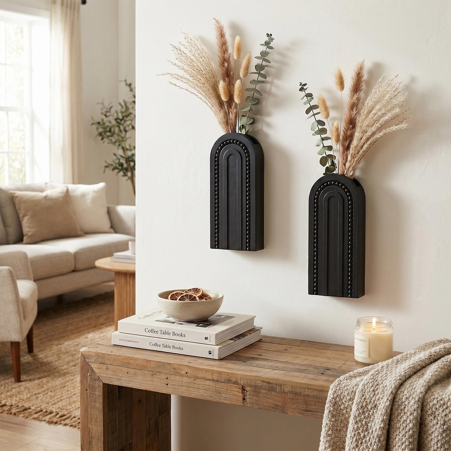 2 Pack Black Wooden Wall Vase Set, Beaded Arch Boho Hanging Wall Planters