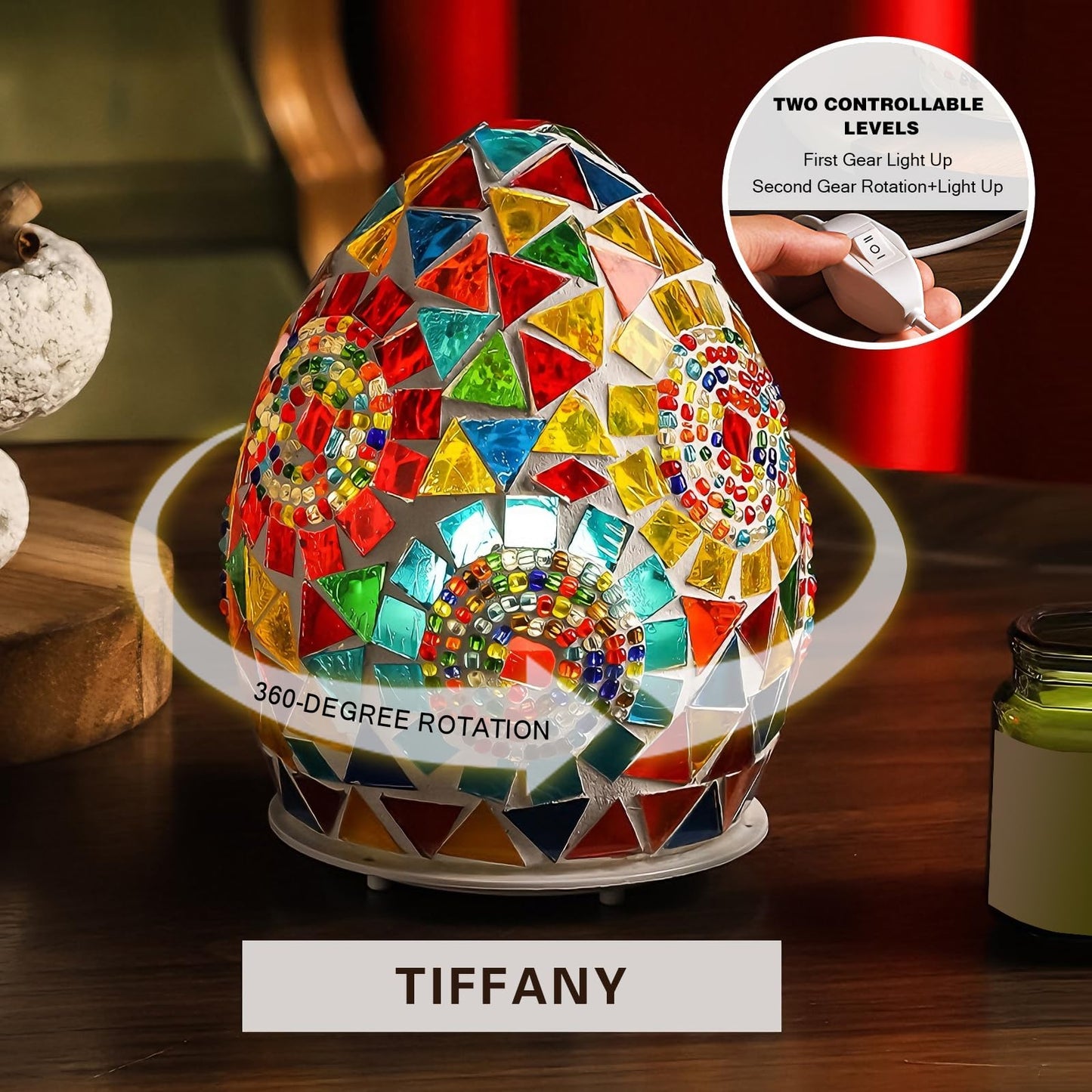 wpdash Rotating Egg-Shaped Tiffany Style Table Lamp (D:4.72" x H:5.91") Stained Glass Light with 360°Spinning Base Mosaic Night Light for Living Room Children's Room Festive Decoration & Gift