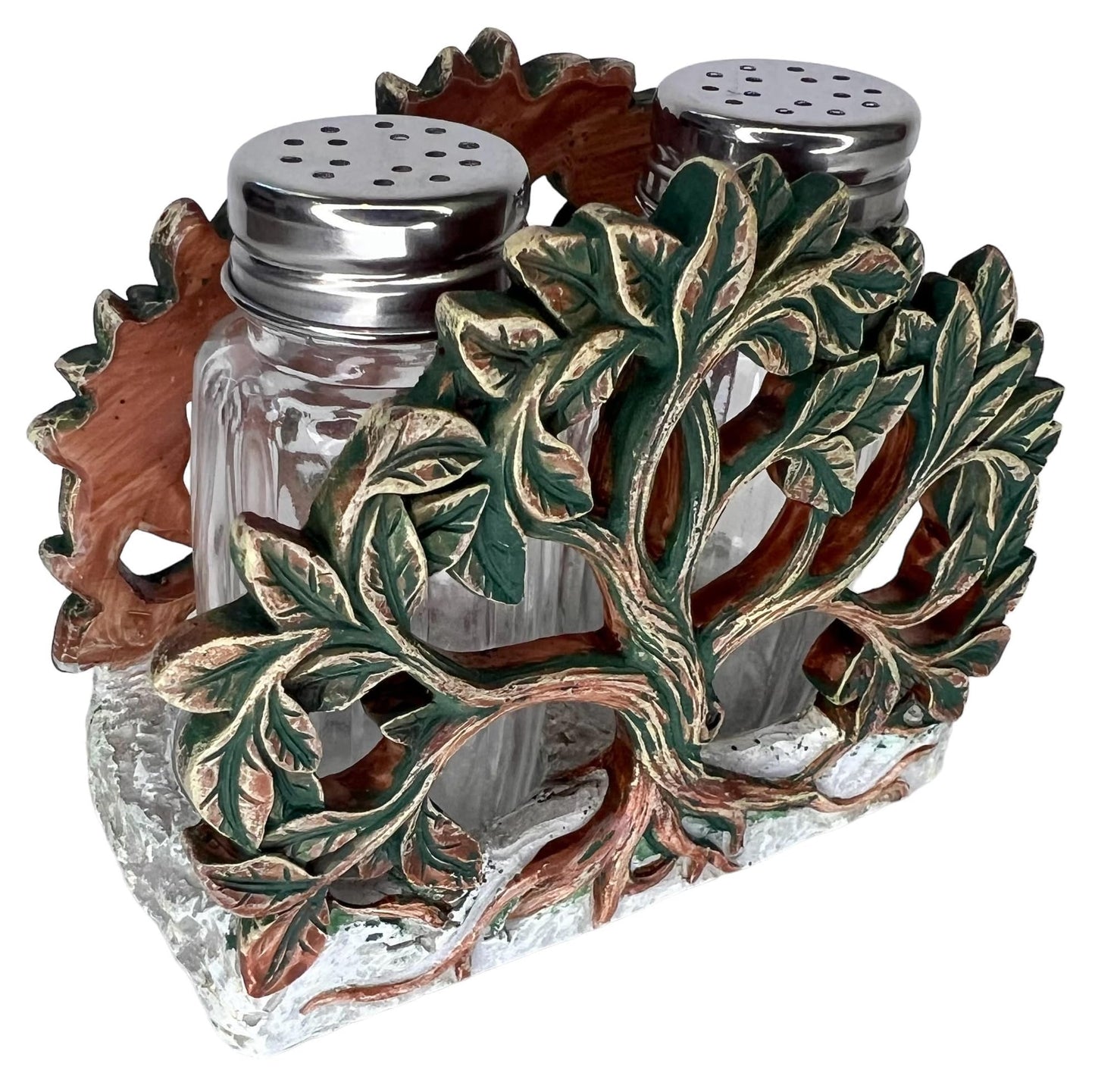 Tree of Life Salt and Pepper Shaker Set - Holder and Two Glass Shakers with Stainless Tops – Decorative Modern Rustic Celtic Spiritual Art