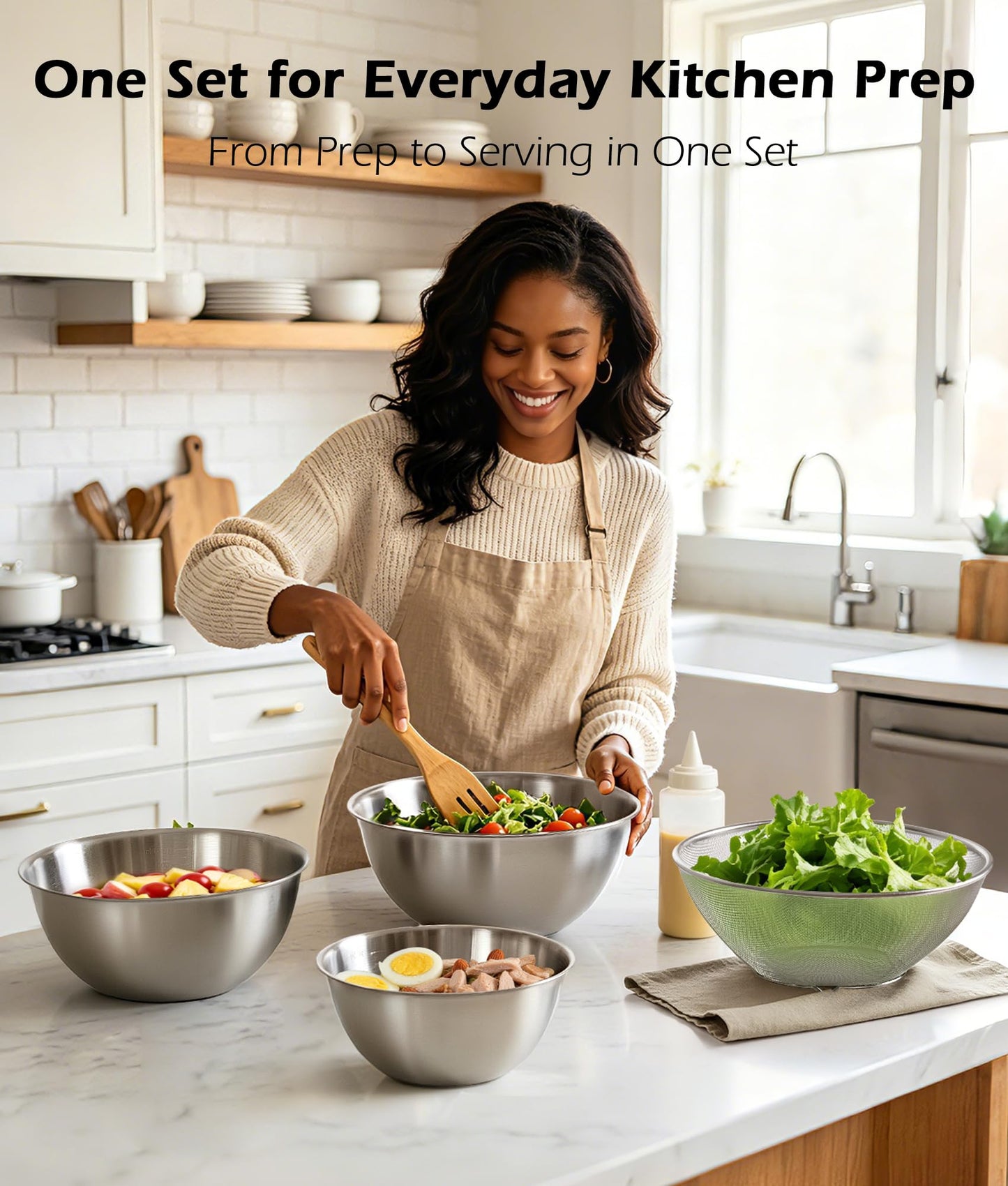 Stainless Steel Mixing Bowls Set of 4 with Colander, Nesting Metal Kitchen Bowls with Measurement Marks for Mixing, Prep, Salad & Baking, Dishwasher Safe