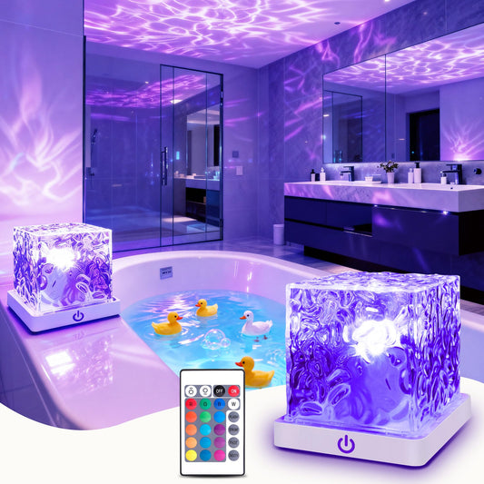 rerekiki Waterproof Shower Light for Inside Bathroom, Rechargeable Cube Shape Kids Shower Lamp, RGBW 13 Color Changing Bathtub Lamp with Remote Ocean Wave Projector Mood Night Lighting