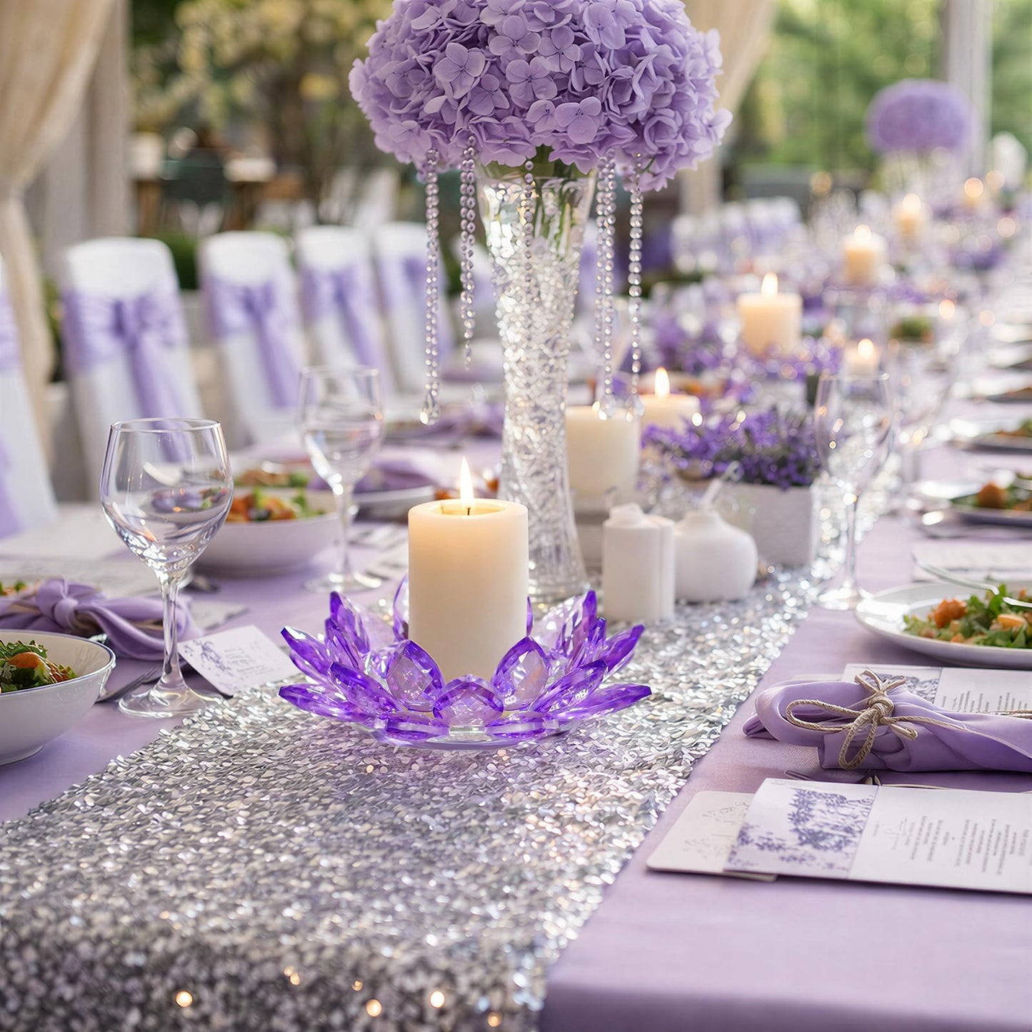 Large Crystal Lotus Tealight Candle Holder for Up to 6" Diameter Pillar Candle Plate Candlestick,Chunky Glass Votive Stand for Wedding, Party, Table Centerpiece Decor and Yoga Meditation (1, Purple)