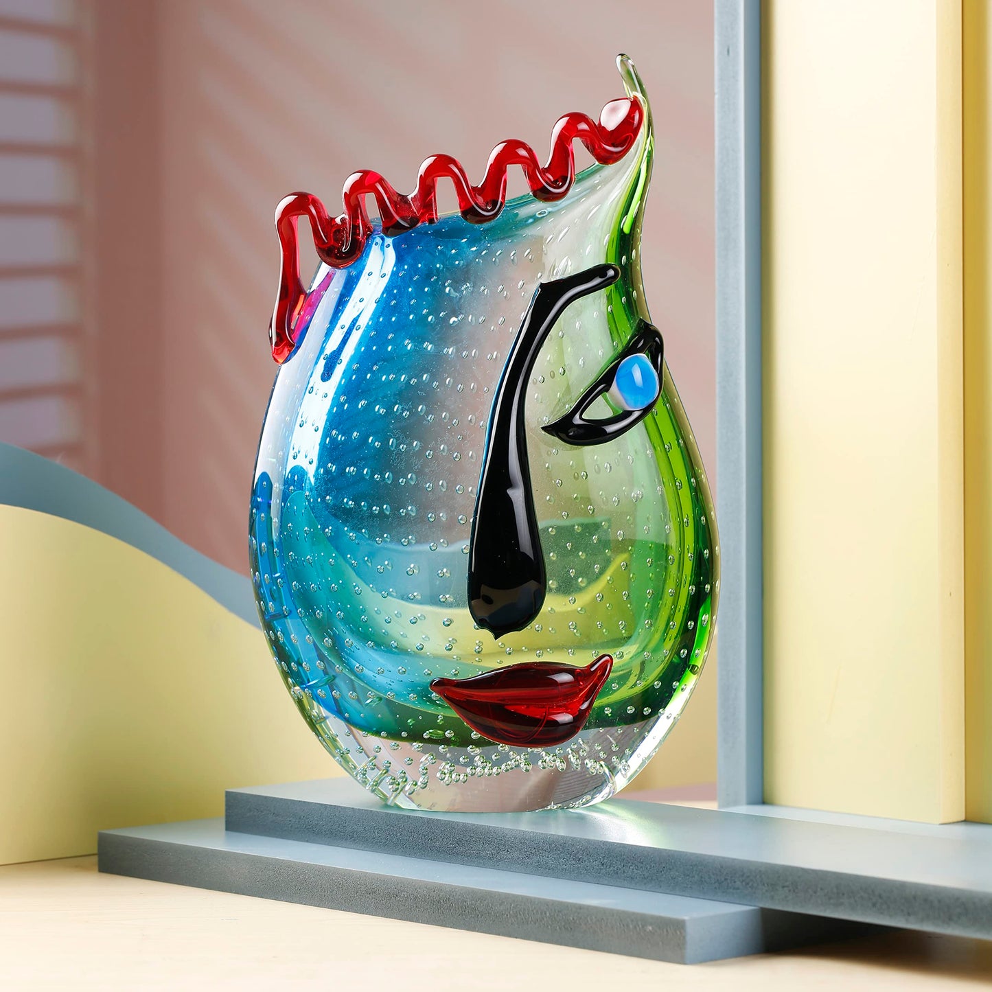 Yao Yuan Hand Blown Art Glass Vase with face Art,Murano Glass Style,Multi-Colored