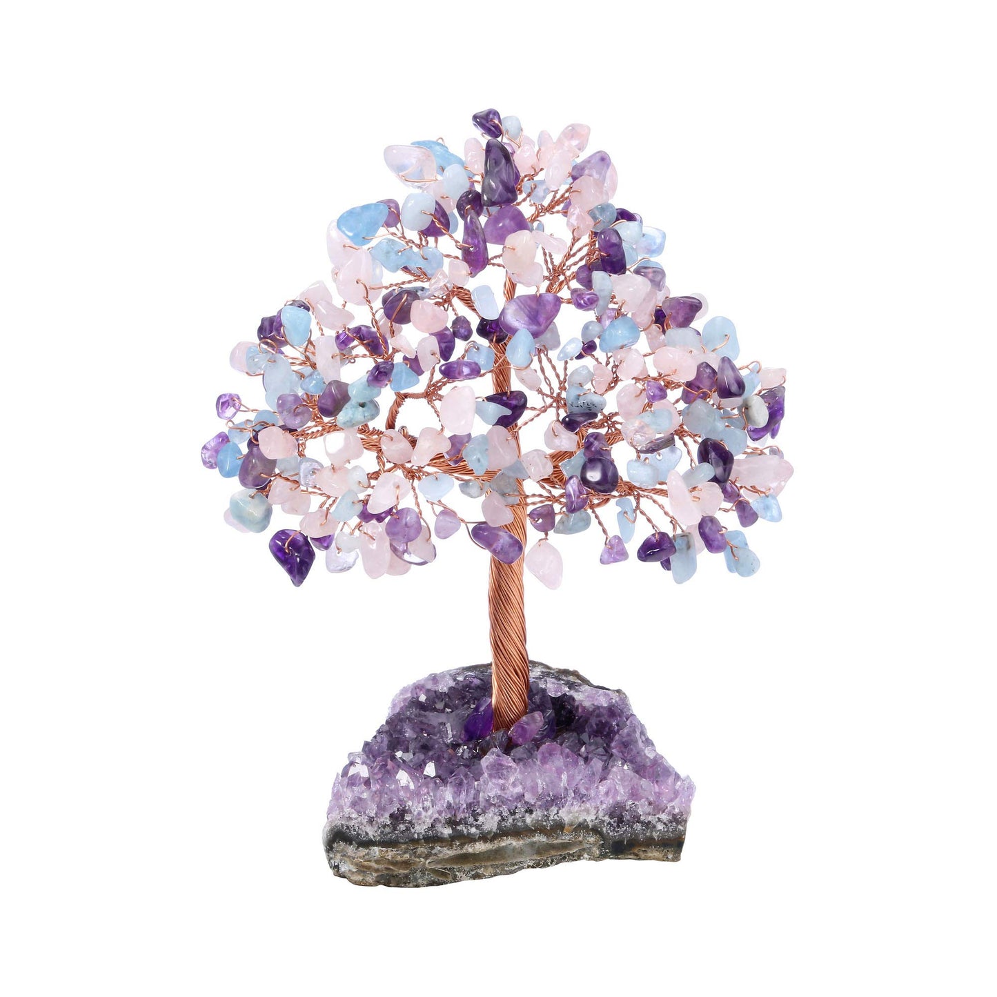 Jovivi Natural Amethyst + Aquamarine + Rose Quartz Healing Crystal Money Tree on Amethyst Cluster Geode Druzy Base Feng Shui Crystals for Home Office Desk Decorations, Wealth, Good Luck