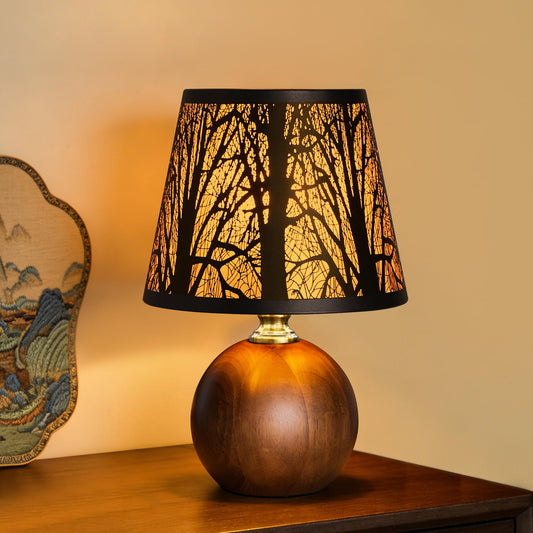 11.4" Rustic Forest Table Lamp, 3-Color Stepless Dimmable Bedside Lamp with Black Metal Tree Shade & Solid Wood Base, Small Decorative Accent Light for Living Room Nightstand