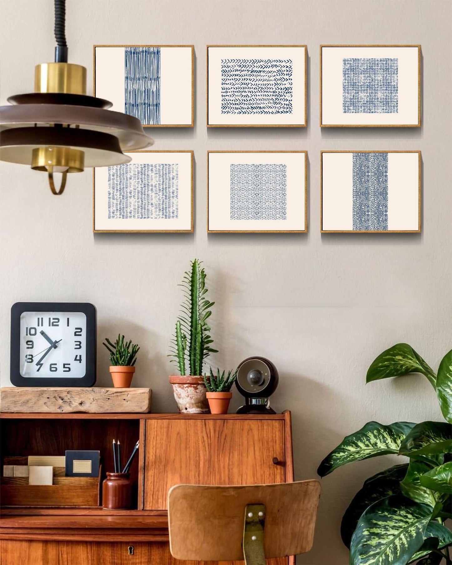 Drsoum Mid-century Boho Geometric Abstract Decor Blue White Grunge Minimalist Bohemian Wall Art Framed Canvas Prints 8"x 10"x 6pcs Natural Framed