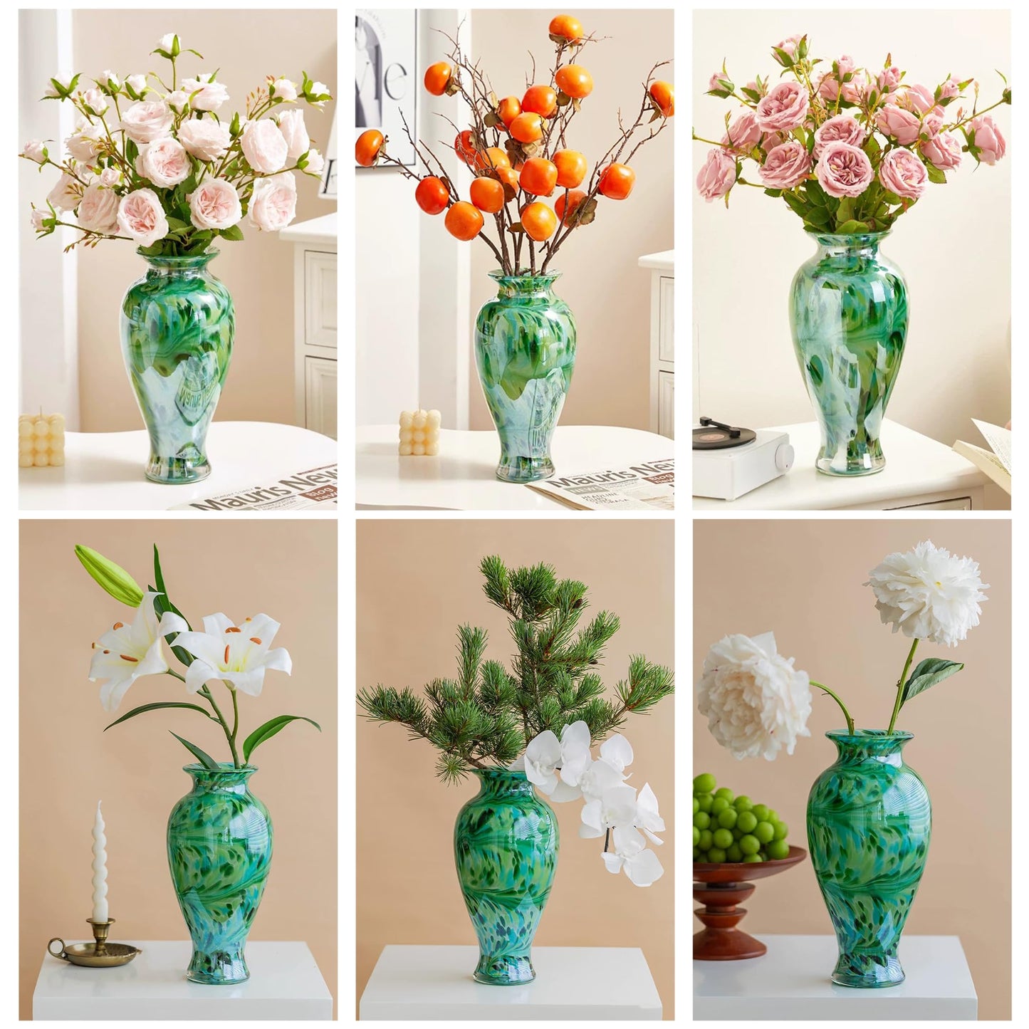 Hand Blown Green Classic Vase for Home Decor, 11.5Inch Glass Flower Vase for Shelf Decor, Living Room Decor, Centerpieces, Unique Gift for Her Mom Sister Friends
