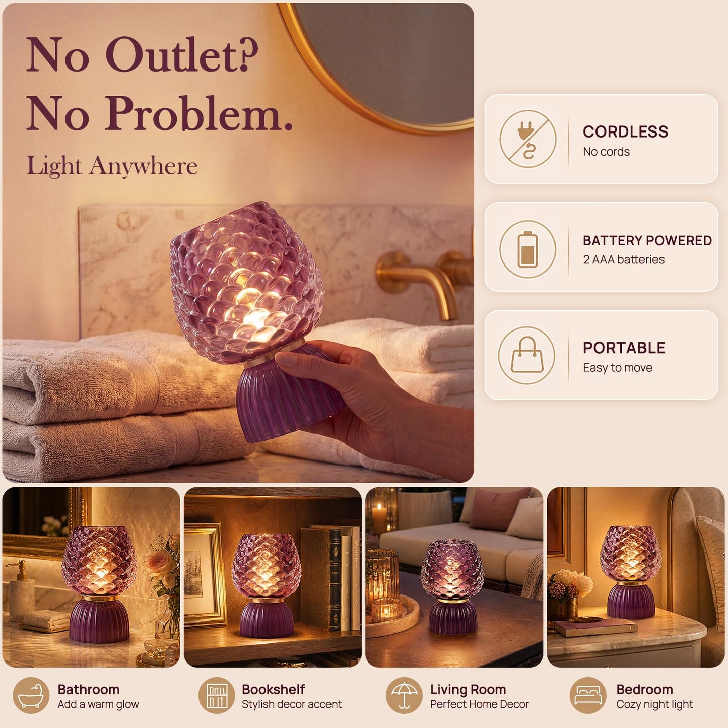 SisiHokai Battery Operated Lamp with Timer, Cute Small Cordless Glass Table Lamp for Home Decor, Kitchen, Bathroom, Birthday Gift for Women, Pinecone, Purple