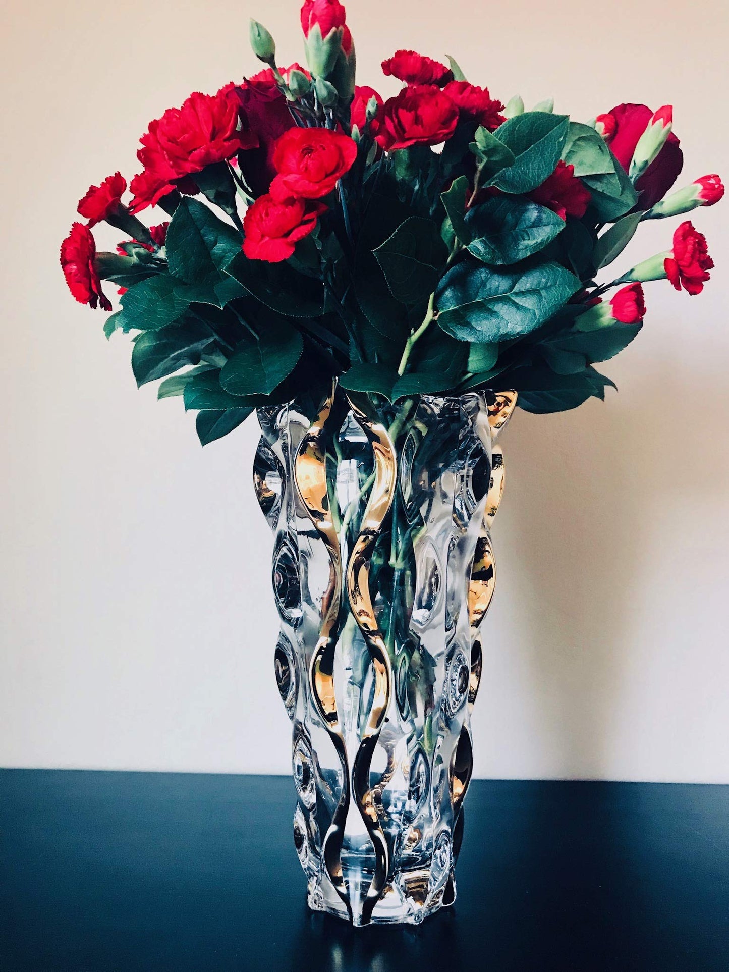 Rhapsody Crystal Glass Flower Vase l Luxurious Design European Handmade Tableware | 12" tall Gold Decor