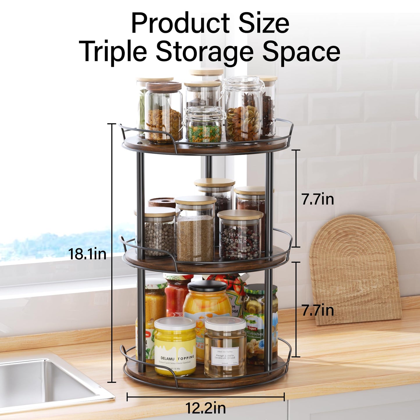 Pantasia 3-Tier Rotating Spice Rack, 12'' Lazy Susan Organizer for Cabinet, Wooden Spice Rack Organizer for Table Top, Kitchen Countertop, Pantry, Bathroom, Vanity, Home Decor
