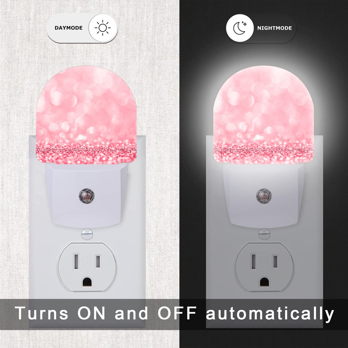 AOWULA Pink Glitter Night Light,Night Lights Plug into Wall Decor for Stairway/Hallway/Kitchen,Dusk to Dawn Sensor Nightlights for Boys/Girls/Women/Men Room Gifts