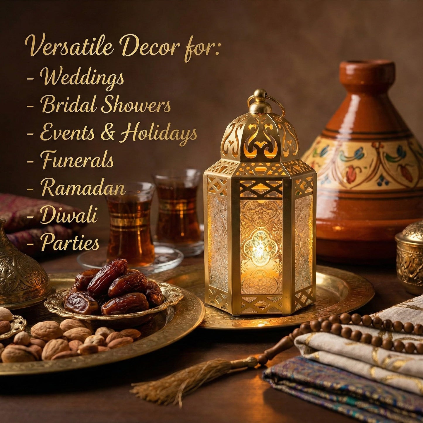 VELA LANTERNS 8.5" Small Gold Metal Decorative Moroccan Lantern Candle Holder Lamp - Indoor/Outdoor, Home Decor, Patio, Weddings, Ramadan Decor