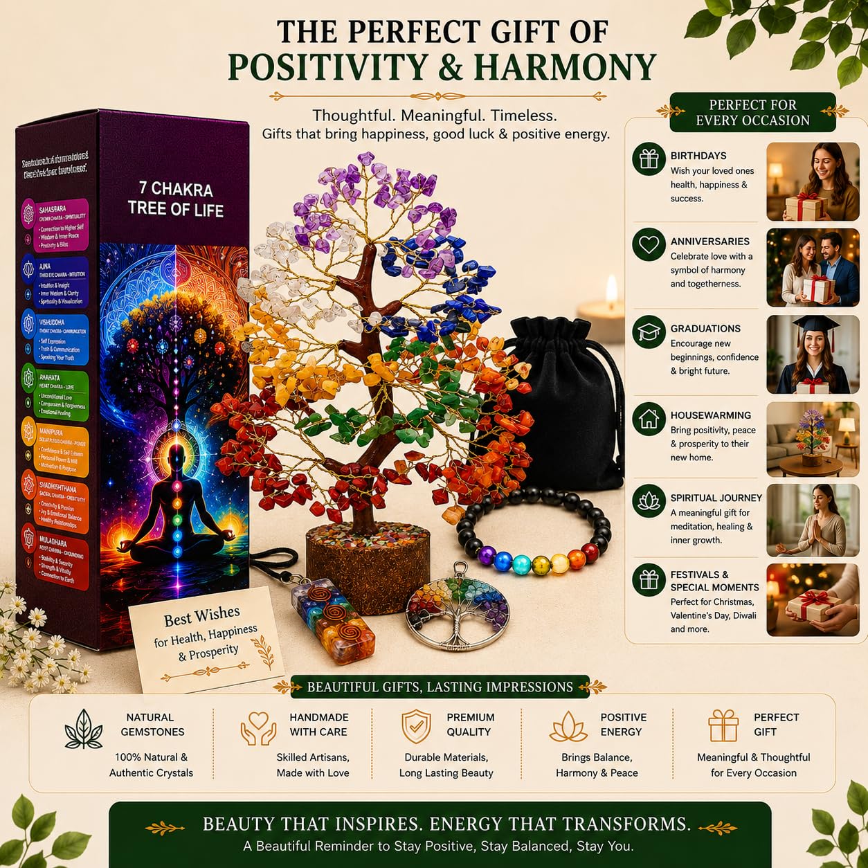 Chakra Healing Crystal Tree Kit with 7 Chakra Bracelet and 2 Pendant Necklace Handmade Bonsai Gemstones Trees for Home Decor, Positive Energy, Money, Good Luck Birthday Gifts for Women, Mom