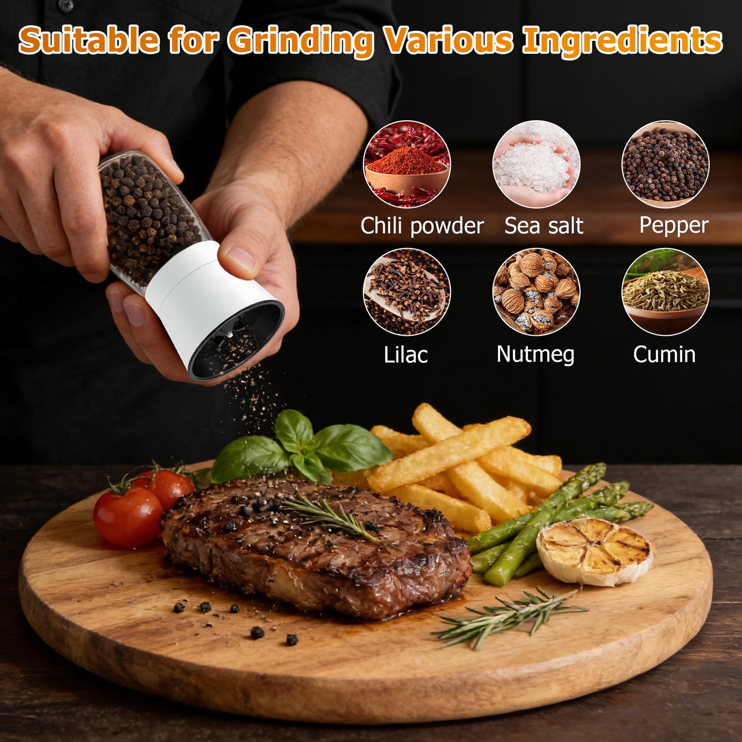 R DRURLCD White Salt and Pepper Grinder Set of 2, Manual Ceramic Spice Mills with Stainless Steel & Glass Body, Adjustable Grinding for Kitchen Decor & Gifts