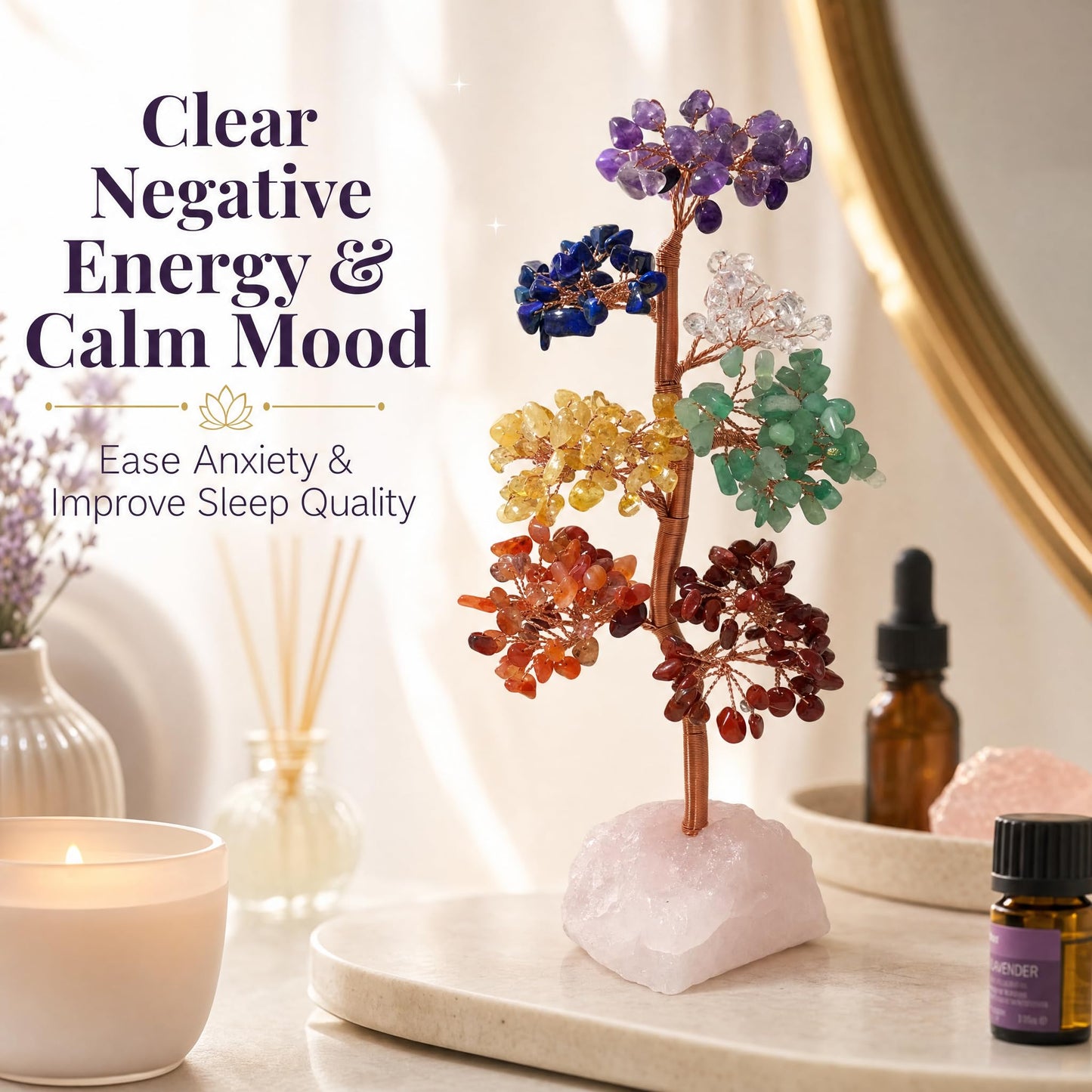 Fatonio Natural 7 Chakra Crystal Money Tree with Raw Rose Quartz Base