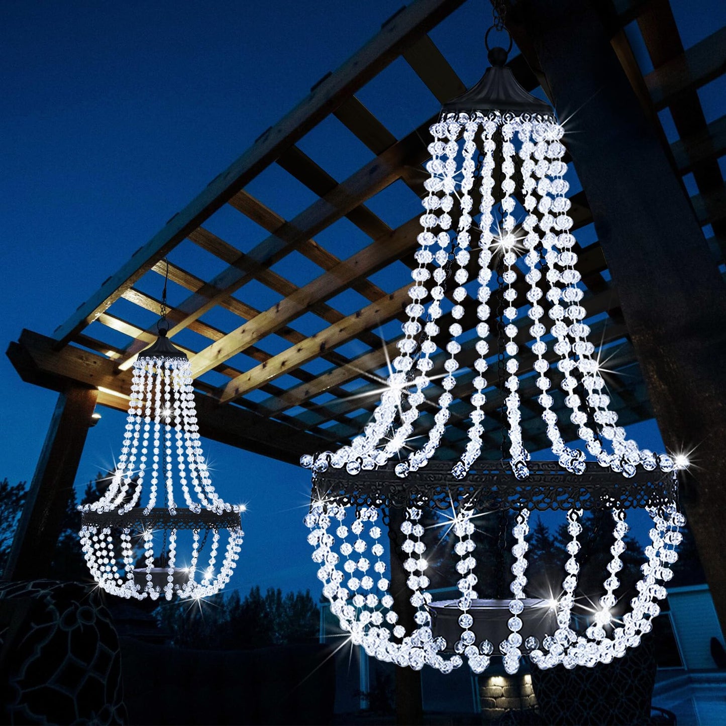 Hanging Solar Lantern Outdoor, 28” Modern Clear Crystal Acrylic Chandelier with 30 Cool White Lights S Hook for Garden, Yard, Patio, Gazebo Decorations