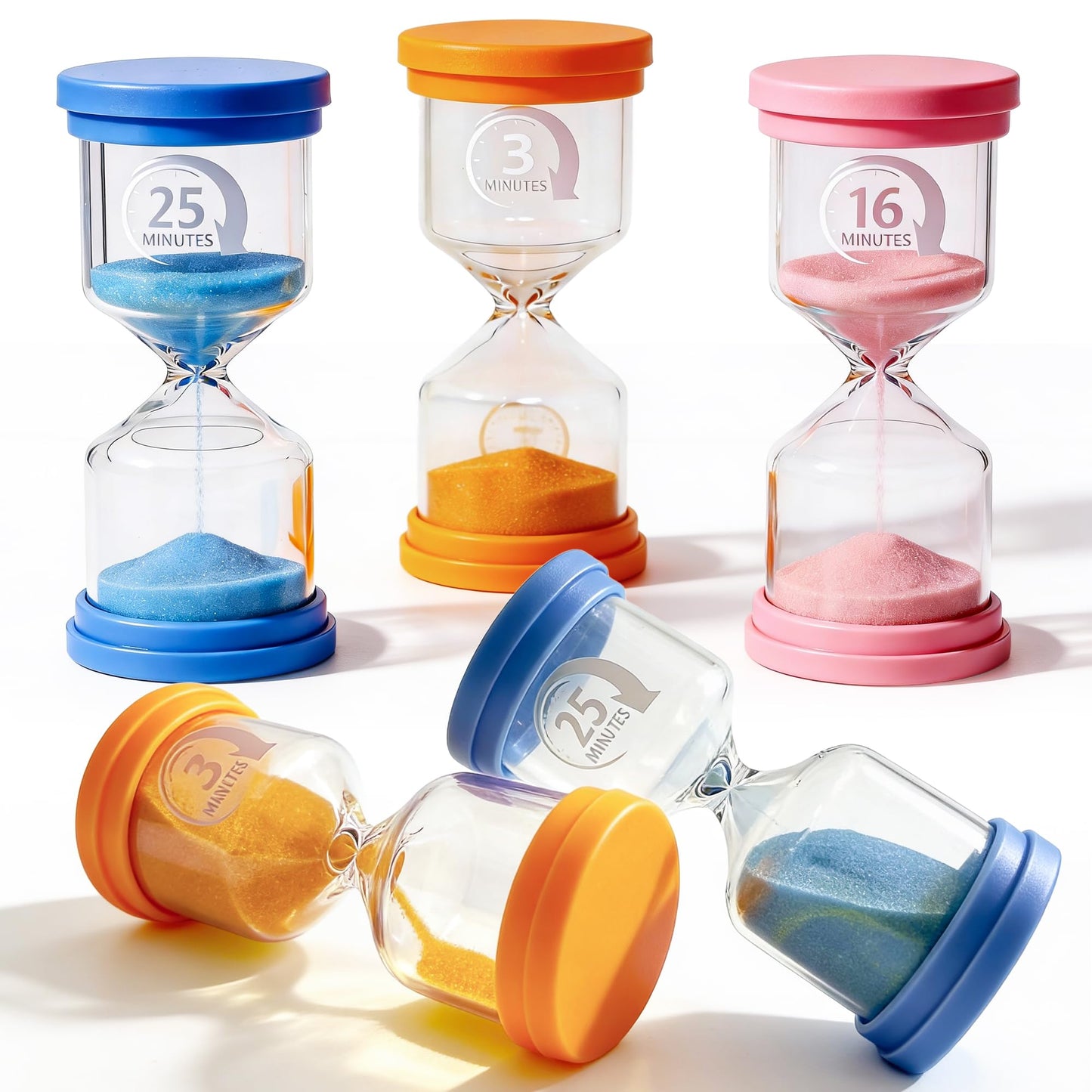 PROLOSO Sand Timers Set 4 Pcs Colorful Hourglass 3 Mins / 8 Mins / 16 Mins / 25 Mins Sandglass Glow in the Dark Sand Clock for Classroom Home Office