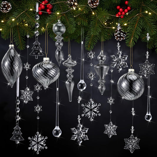 Jenaai 50 Pcs Crystal Glass Ornaments for Christmas Tree Vintage Hanging Acrylic Snowflake Drop Finial Christmas Ball Icicle Crystal Decorations for Xmas Winter Party Supplies(Clear)
