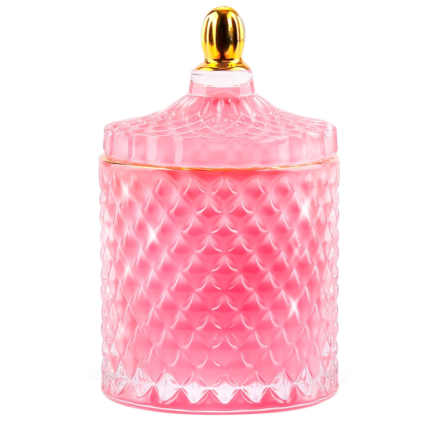 ALAMHI Pink Candy Jar, Glass Candy Dish with Lid, Crystal Apothocary Jars with Lids Jewelry Box with Lids, Decorative Glass Jar Gifts for Women