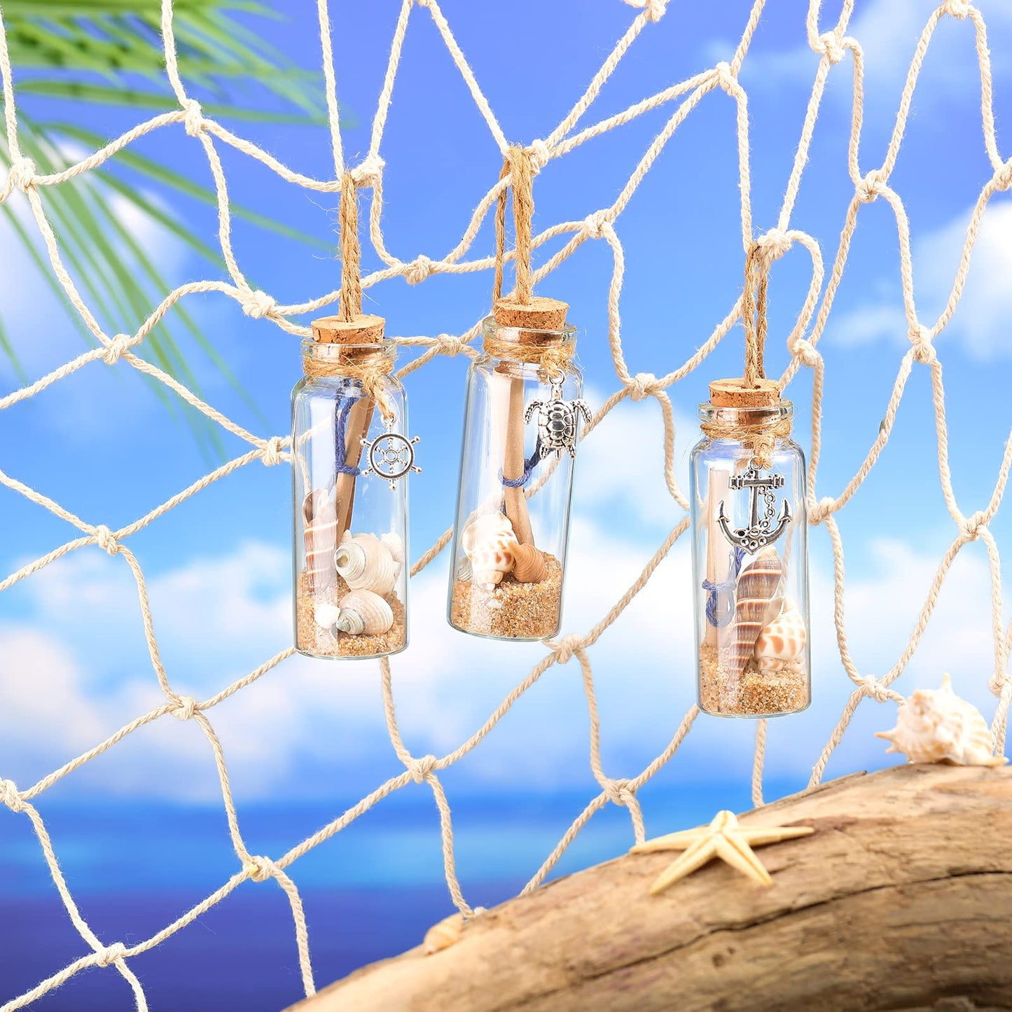 Qunclay 6 Pcs Coastal Beach Ornaments Nautical Glass Message Bottle Christmas Ocean Sand Jar Hanging Ornaments Decorations with Seashell for Home Xmas Tree Wedding Baby Shower Party Favors