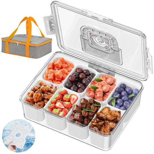 Locliki Chilled Snackle Box Container with Ice Pack, Bonus Insulated Bag Charcoolerie Chilled Portable Serving Tray, 8 Compartment Snack Container for Charcuterie Snack Road Trip Picnic Essentials