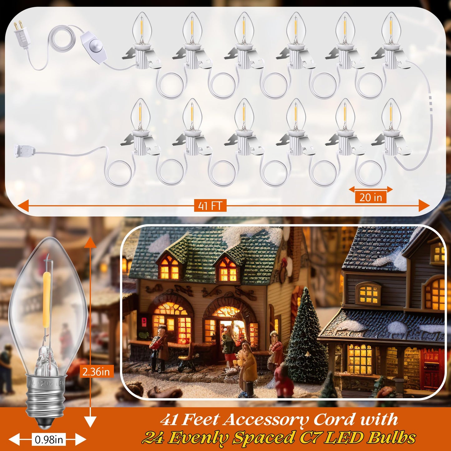 Meonum Christmas Village Lights,Accessory Cord with LED C7 Bulbs,Indoor Blow Mold Light Cord with Female Plug, Rotary On/Off,for Salt Lamp,Holiday Craft Projects Decoration(41 ft,24 Packs)