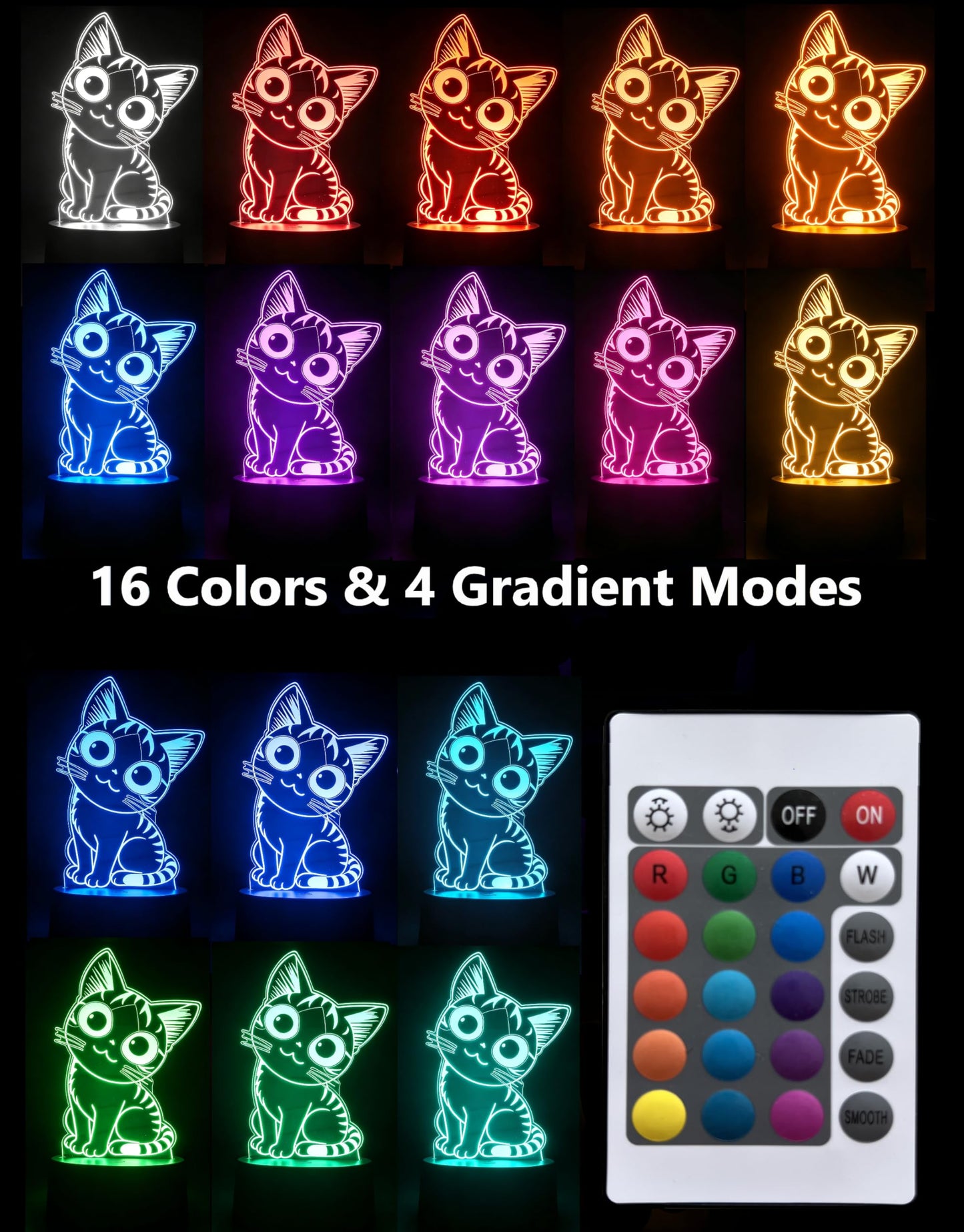 Lumipallas Cat Night Light Remote Control, Kitty Cute 3D Illusion RGB, Touch Bedside Lamp, Gifts for Kids Birthday, Bedroom Decor, Kids Room, Baby Nursery