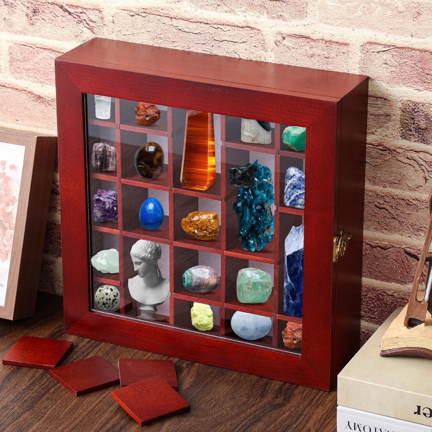 Yalikop Wood Adjustable Rock Display Case with Lid 25 Grids Rock Collection Shadow Box with Shelves Display Shelf Storage Organizer for Collectibles Trinket Gem Agate Opal Stone Mineral Crystal