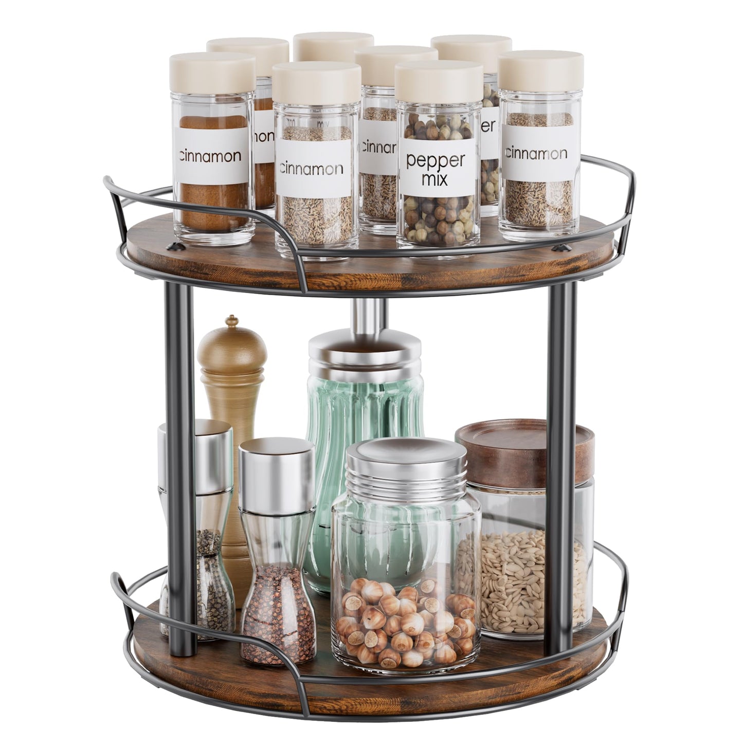 Pantasia 2-Tier Rotating Spice Rack, 10'' Lazy Susan Organizer for Cabinet, Wooden Spice Rack Organizer for Table Top, Kitchen Countertop, Pantry, Bathroom, Vanity, Home Decor