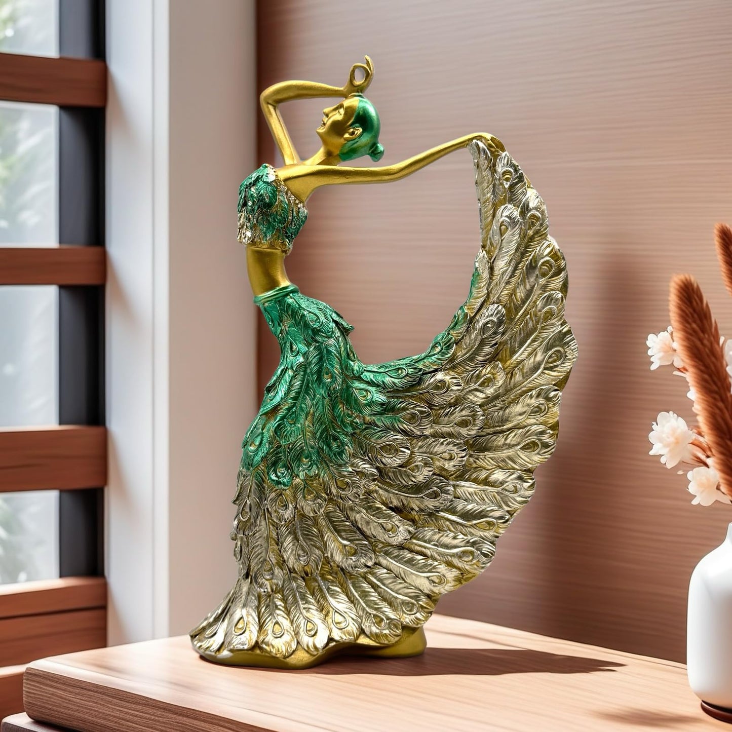 XINDAM Elegant Peacock Art Figurine Dancer Statue Decorative Home & Office Figurines Home Office Display Craft Living Room Decor Ornaments for Tabletop