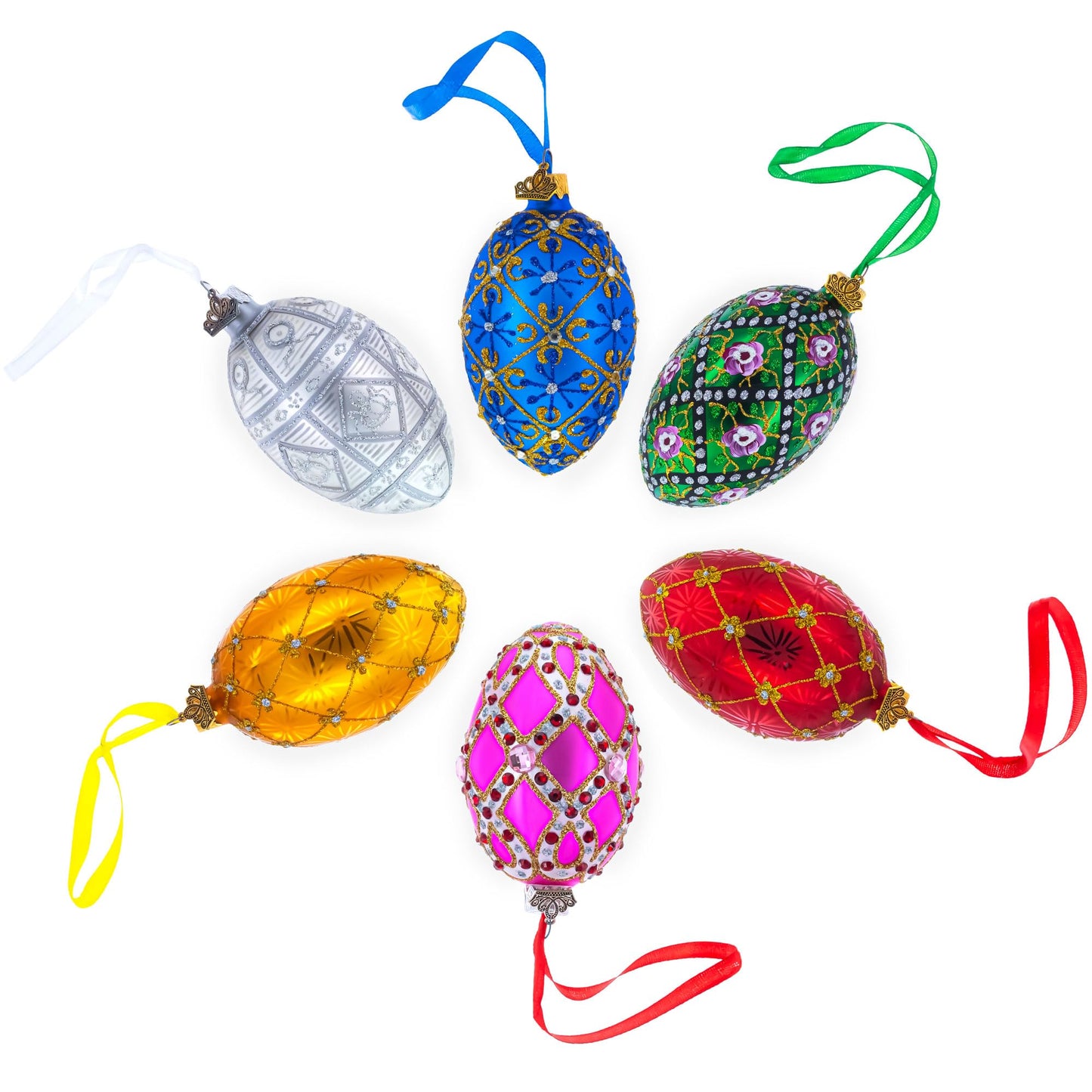Golden Leaves on Blue Glass Egg Christmas Ornament 4 Inches