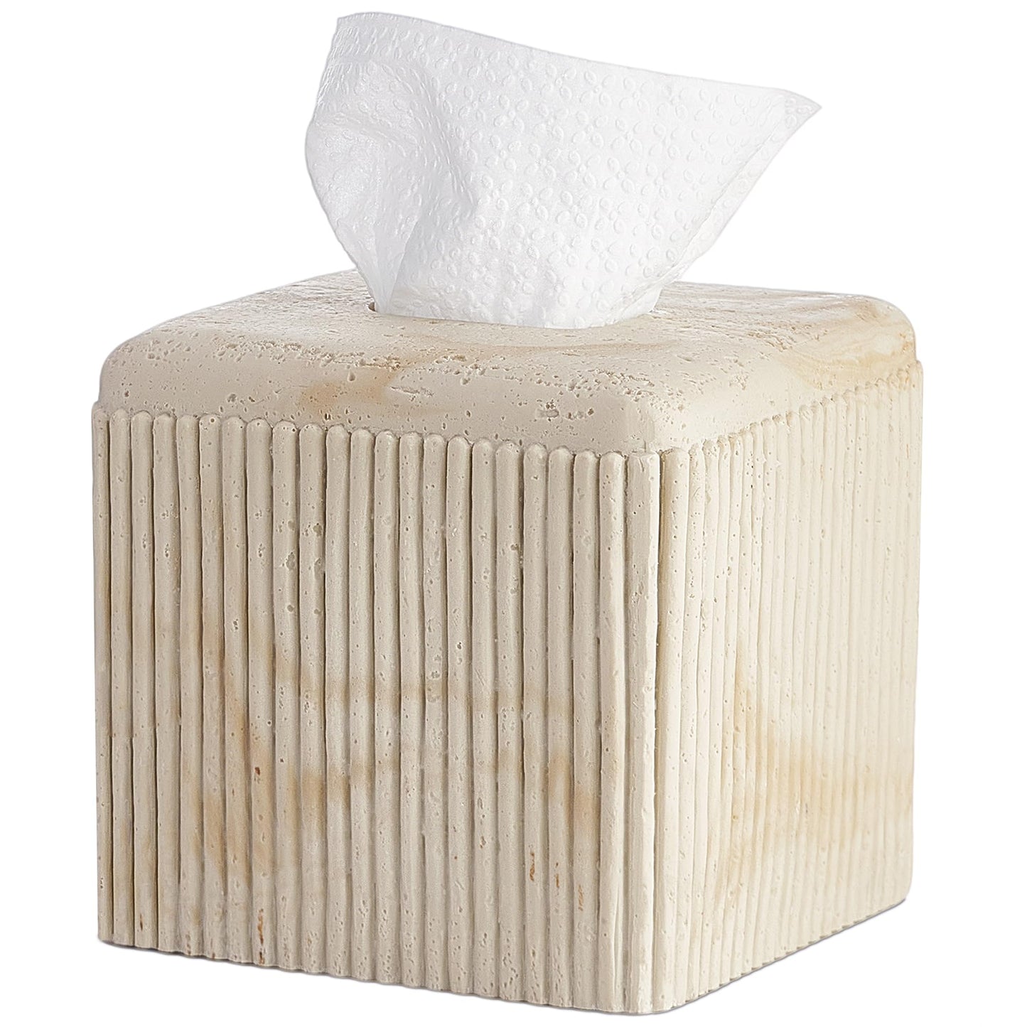 Natural Travertine Texture Striped Square Tissue Box Cover Decorative,Resin Heavy Sturdy Tissue Box Holder, Facial Paper Holder for Bathroom Vanity Countertop, Bedroom Night Stand,Office and End Table