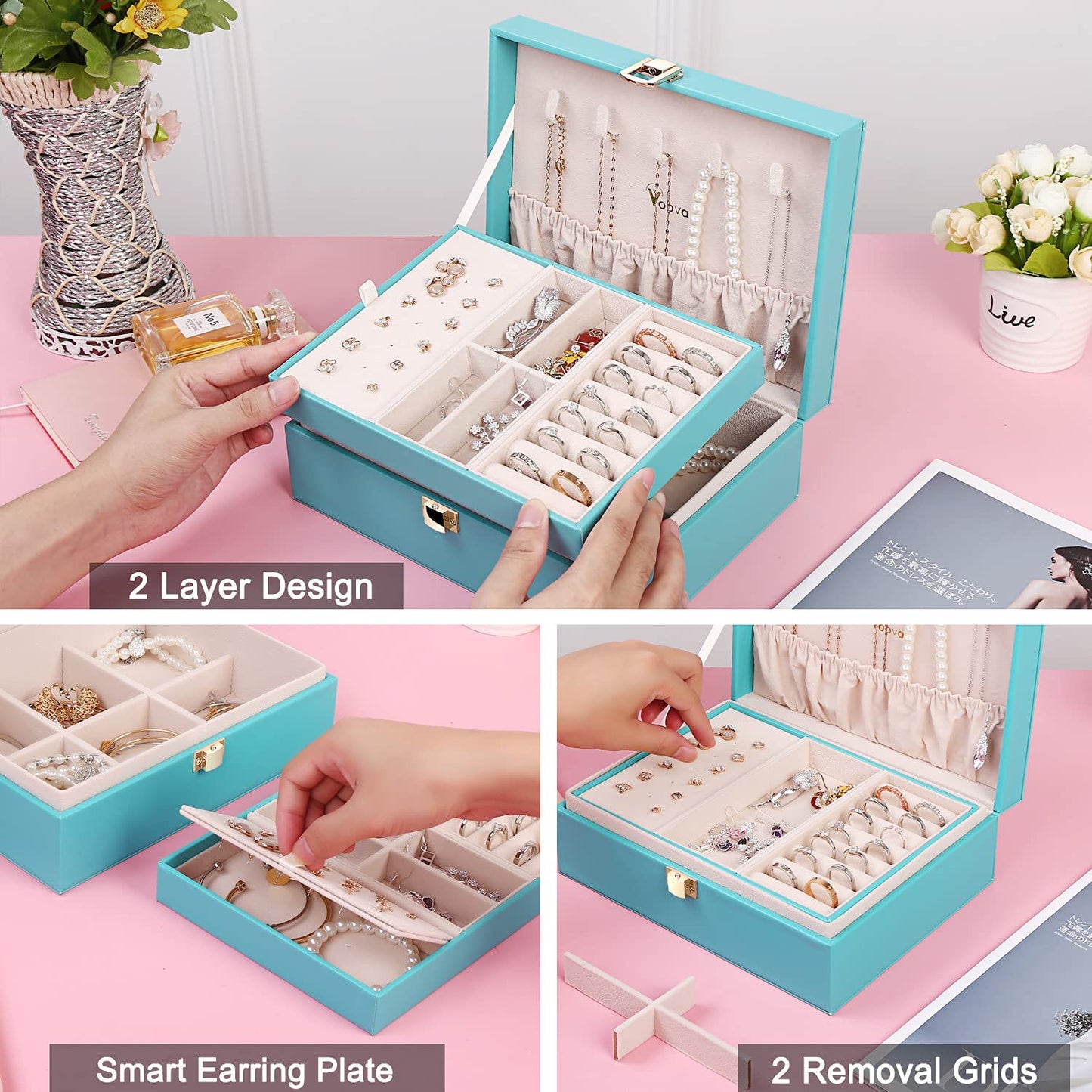 Voova Jewelry Box Organizer for Women Girls, 2 Layer Large Men Jewelry Storage Case, PU Leather Display Jewellery Holder with Removable Tray for Necklace Earrings Rings Bracelets, Gift, Teal/Lake Blue