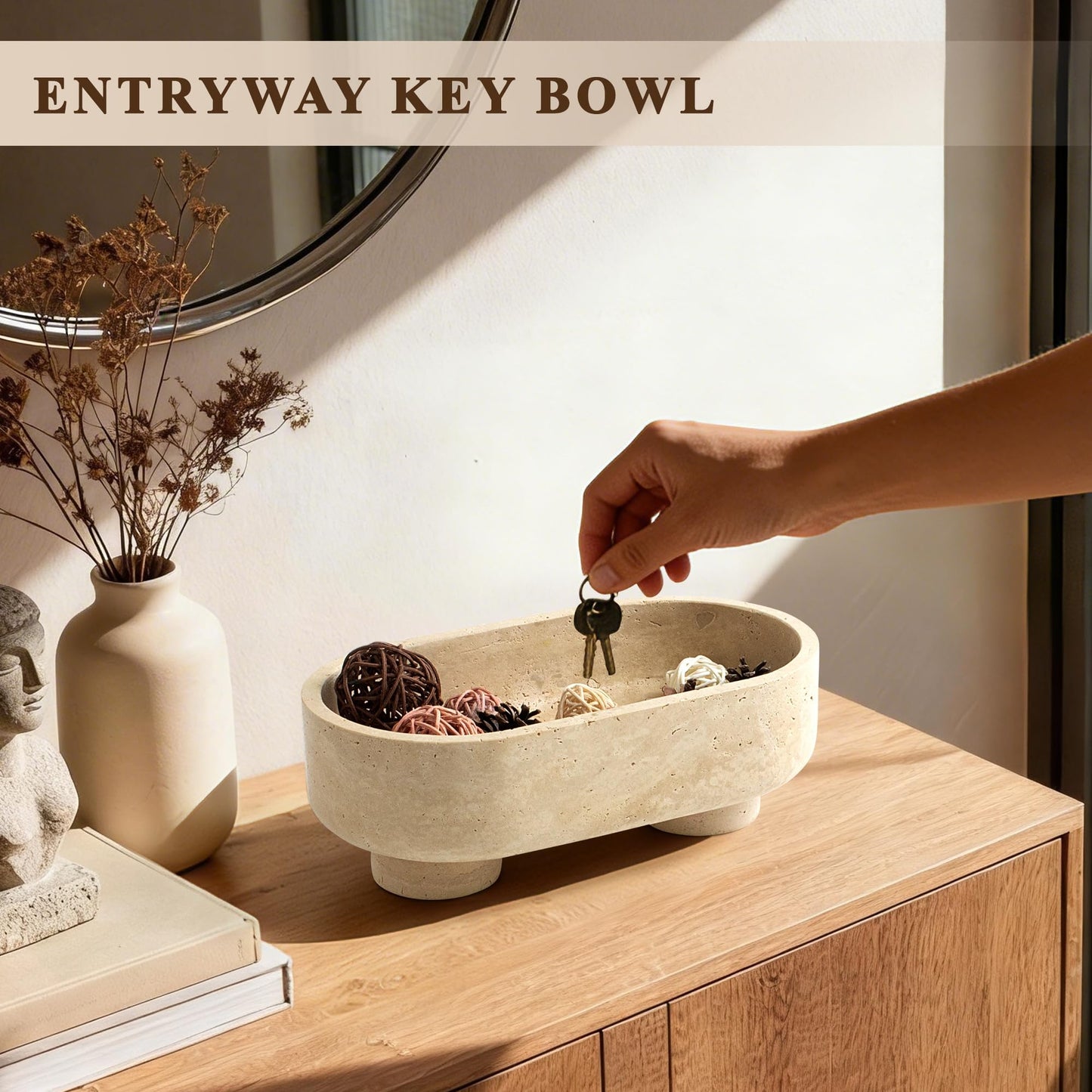 LIN CHUAN Natural Oval Travertine Stone Fruit Bowl for Kitchen Counter | Two-Legged Decorative Pedestal Bowl for Dining Table Decor, 10" Luxury Entryway Catchall Purse Bowl - Travertine